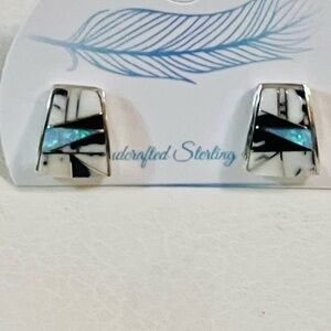 Native American Navajo Sterling Silver Buffalo Turquoise Blue Opal  Earrings